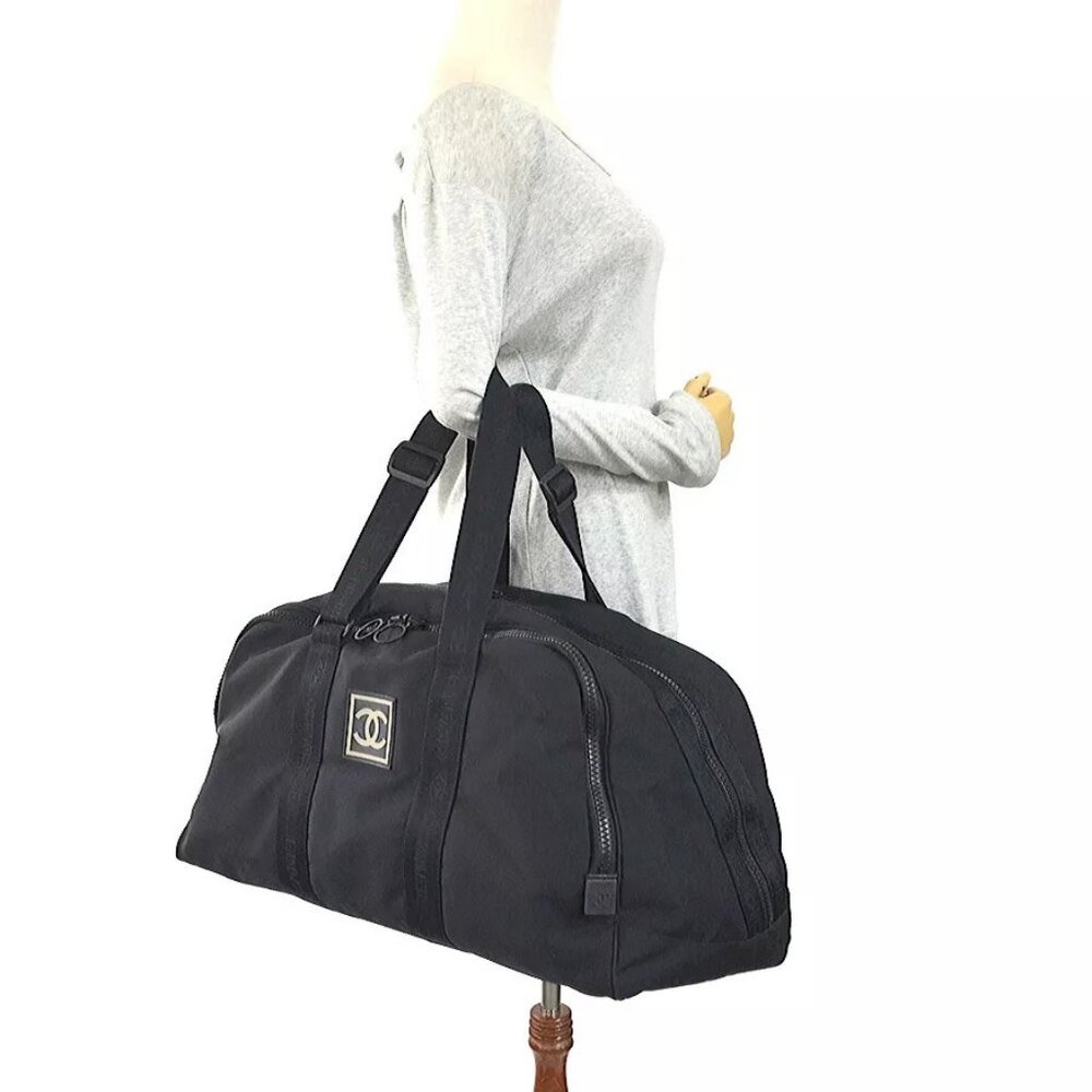 Auth Chanel Sports Line Boston Bag Travel Bag Black Nylon Canvas